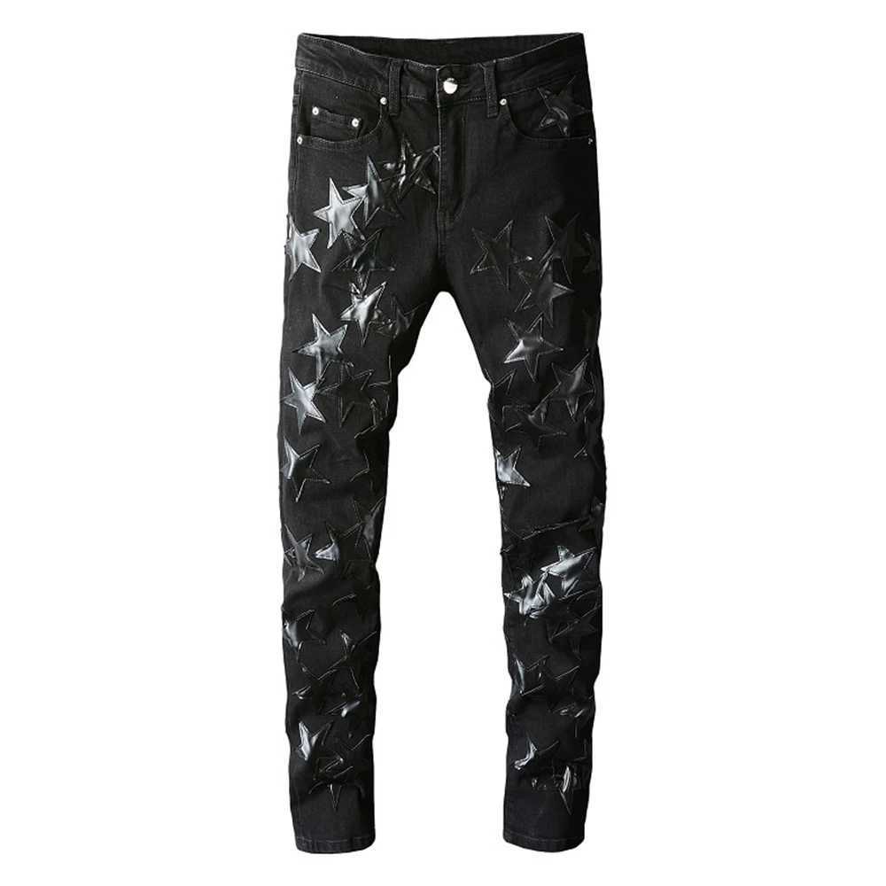 Men's Jeans Mens leather star patch jeans black stretch denim pencil pants ultra-thin patch work clothes J240830