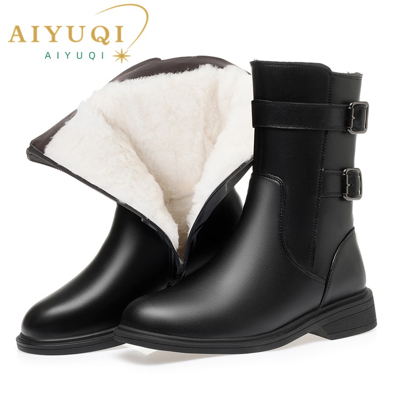 AIYUQI Women Boots Genuine Leather Large Size Winter Women sSnow Boots Thickened Wool Warm Warm Women's Ankle Boots