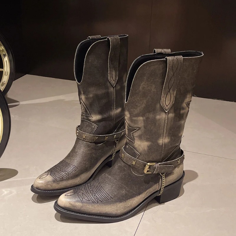 2024 New Vintage Cowgirls New Western for Metal Chain Cowboy Fashion Music Festival Women Shoes Mid-Calf Boots