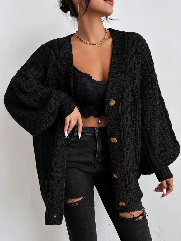 Loose sweater coat women fat autumn winter lazy Fried Dough Twists solid color cardigan V-neck lantern sleeve