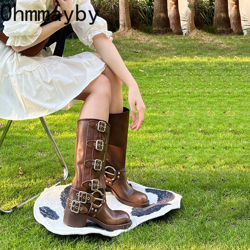 Autumn Designer Winter Women Knee High Fashion Ladies Belt Buckle Knight Long Boots Women's Square Heel Shoes a4cf 's