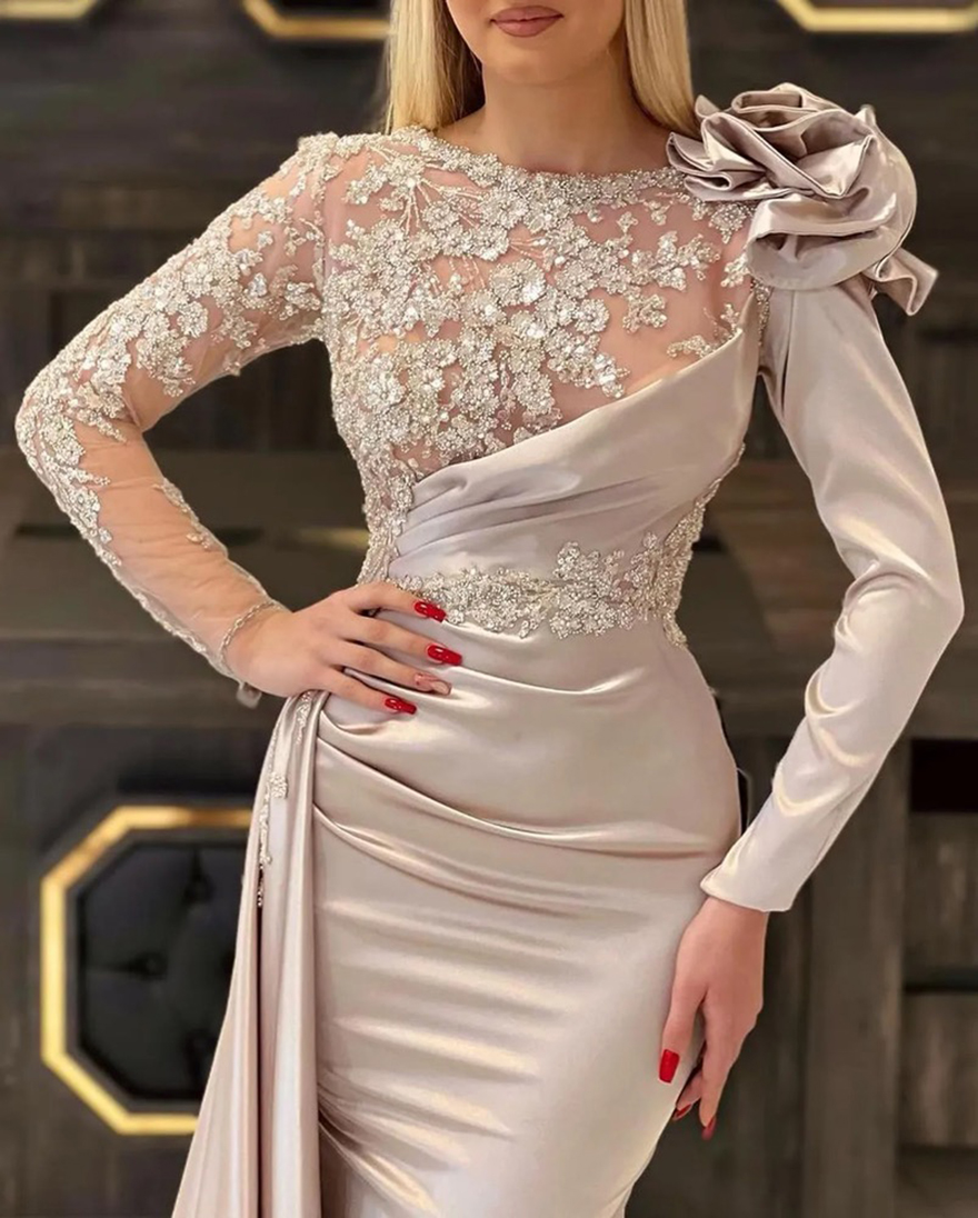 Light Champagne Evening Dresses Wear Arabic Dubai Pleats Formal Crystal Beaded Jewel Neck Elegant Mermaid Long Sleeves Prom Party Gowns
