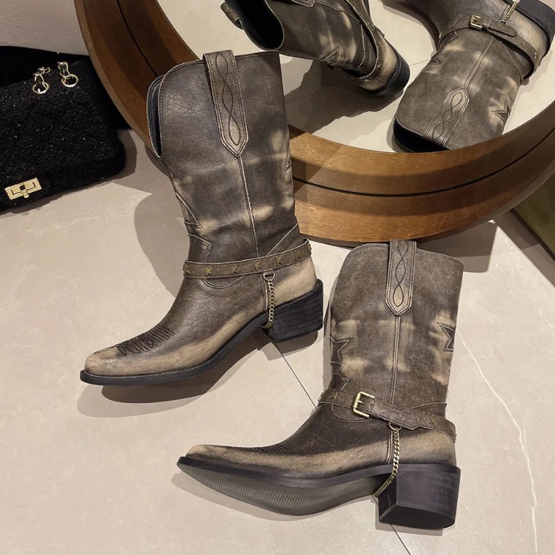 2024 New Vintage Cowgirls New Western for Metal Chain Cowboy Fashion Music Festival Women Shoes Mid-Calf Boots