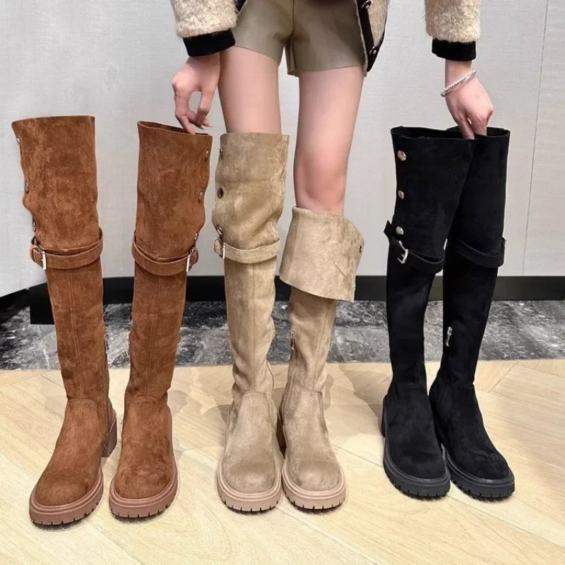 Over The Knee Cowboy Women Designer Winter Platform Fashion Fur Suede Wedges Thigh High Boots Motorcycle Shoes 2024 8230