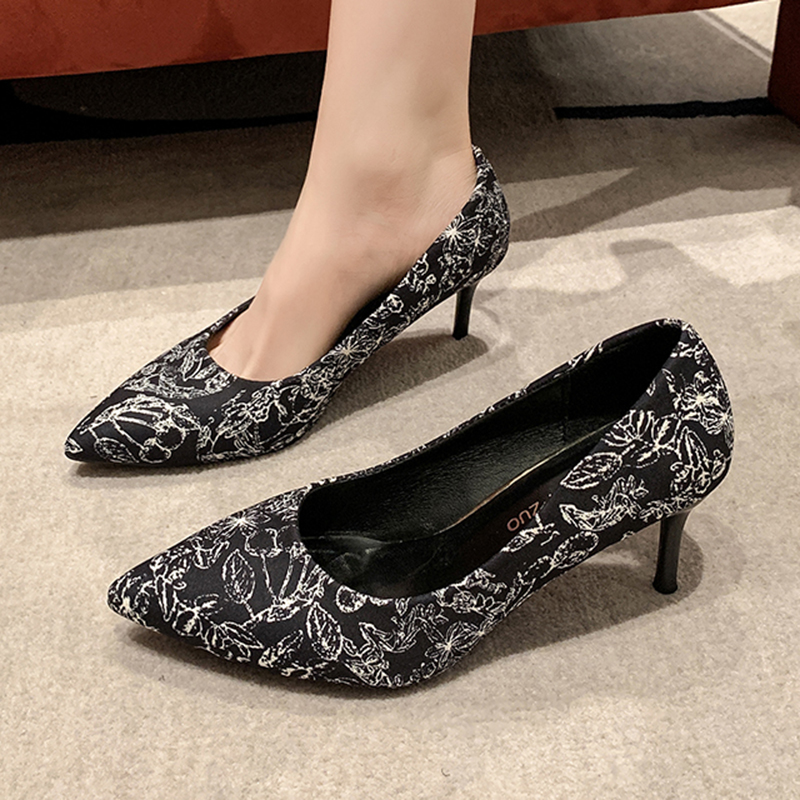 Print wers Black High Heels Pumps Women 2024 Trend Slip On Thin Heeled Dress Woman Plus Size 43 Pointed Toe New Party Shoes 89f0