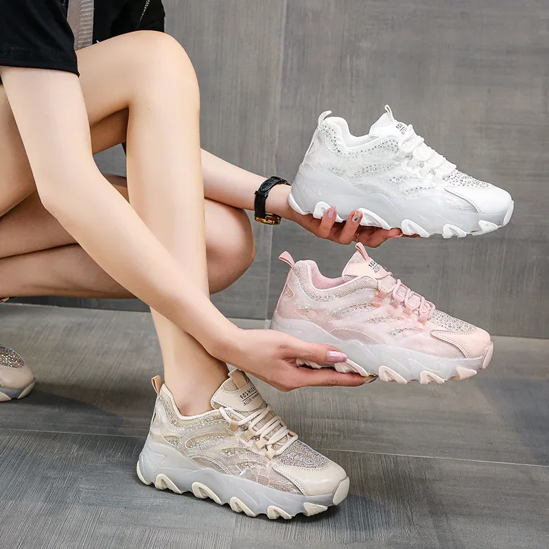 Rhinestone Shoes Woman Sneakers Summer Mesh Breathable Casual Platform Shoes Female Running Sports Vulcanize Wedges Shoes