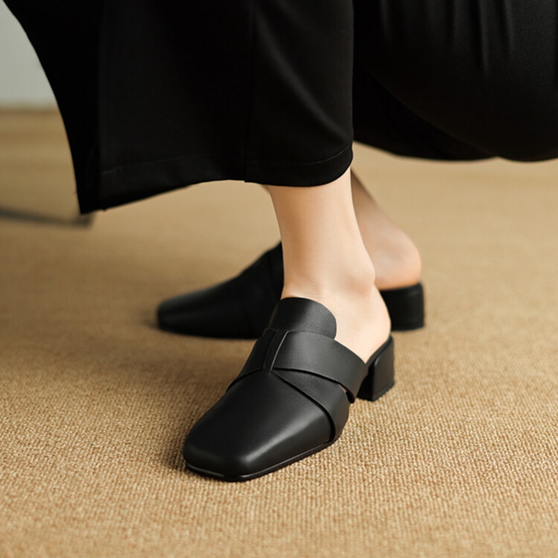 Summer NEW Mules Genuine Leather Shoes for Women Cover Chunky Heel Slippers Concise Square Toe Handmade Modern Sandals c320