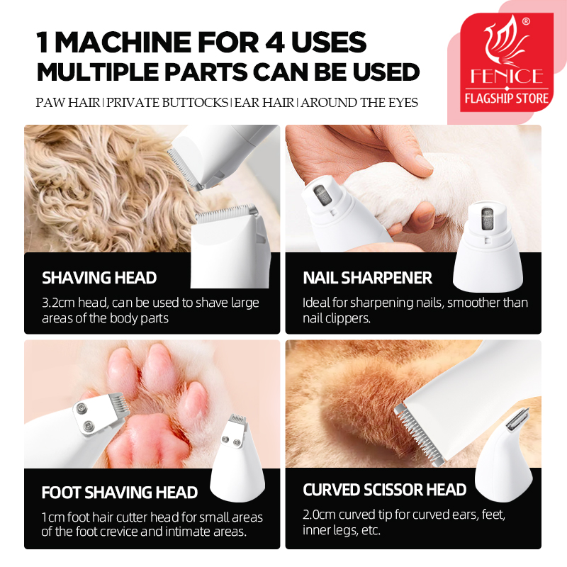 Fenice 4 in 1 Electric Hair Trimmer with 4 Blades Grooming Clippers for Pets Trimmer Nail Grinder Professional Cutter Machine