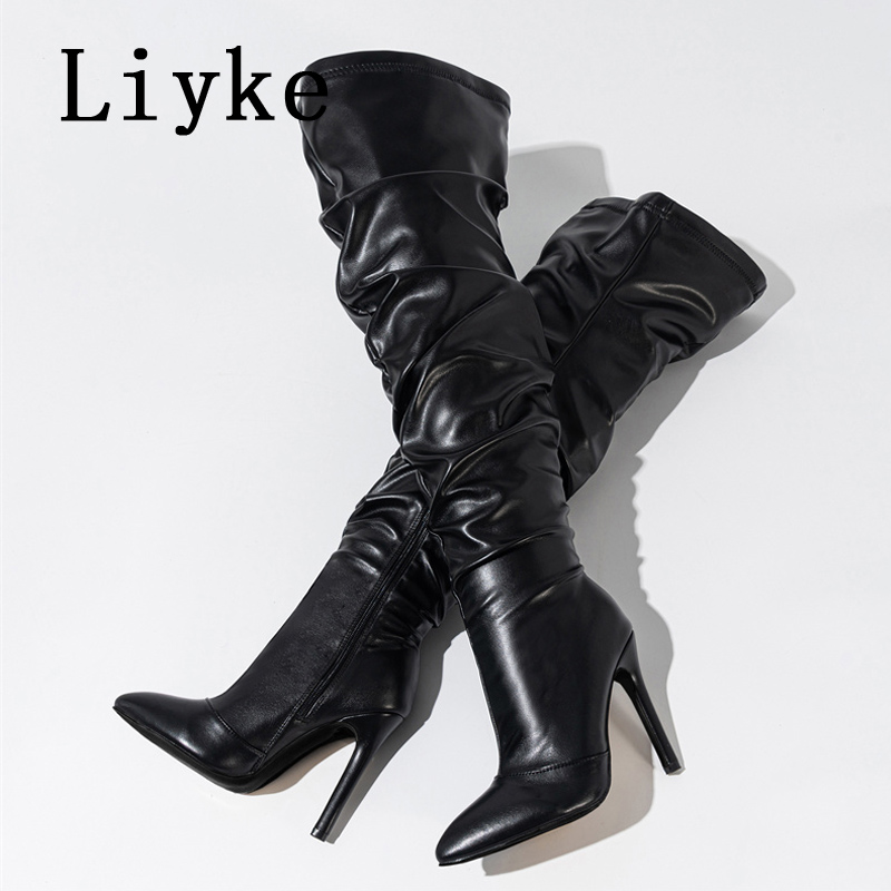 Liyke Autumn Winter Thigh High Over The Knee Boots Women Cozy Pleated Leather Pointed Toe Stiletto Heels Zip Motorcycle Shoes