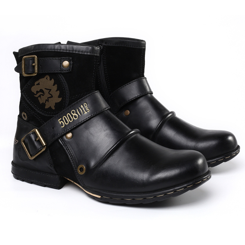 Cowboy Men's Ankle Boots High Quality Retro Men Motorcycle Boots Luxury Fashion Western Boot Metal Style Zippers Men Shoes 39-48
