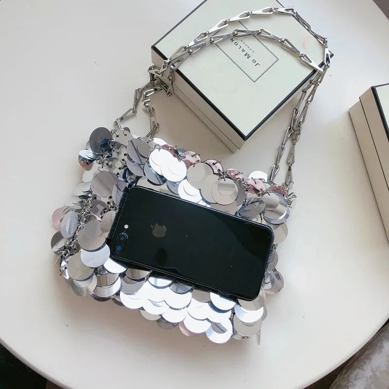 Women Bags er Silver Metal Sequins Chain Woven Bag Evening Bags Clutch Female Travel Holiday Shoulder Bag Handbag 240902