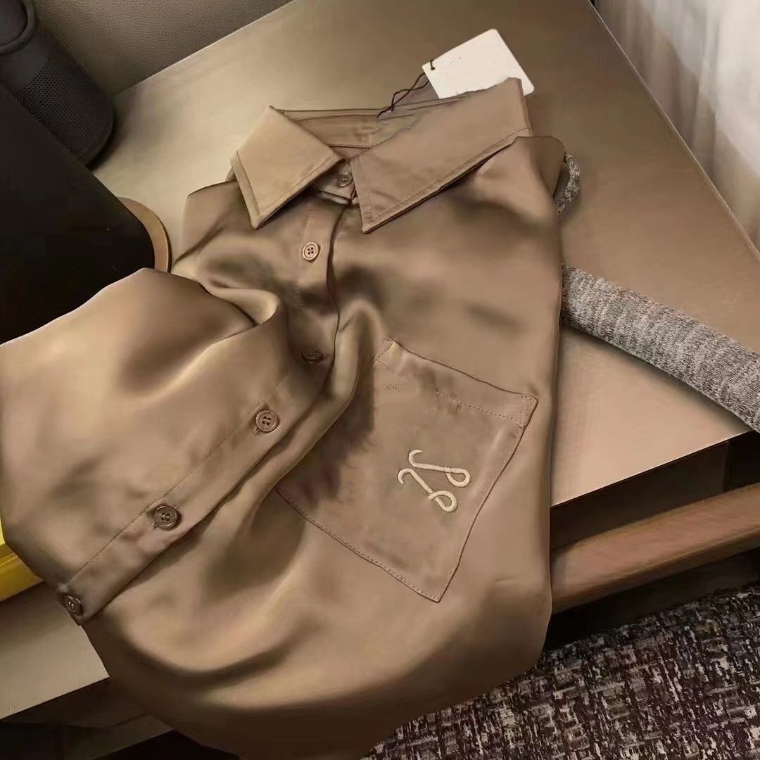 Women autumn satin fabric turn down collar logo letter embroidery designer loose luxury blouse SML