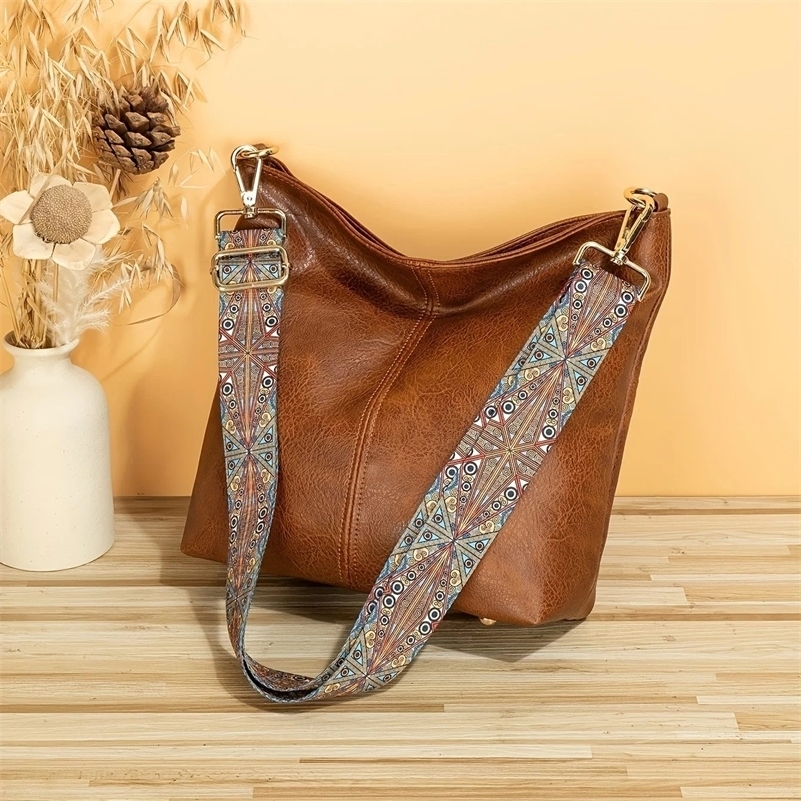 Retro Style Bucket Crossbody Bag Boho Shoulder Faux Leather Purse With Ethnic Strap y240902