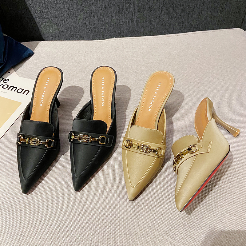 New Snake Print Woman Pumps Slipper Fashion Gold Chain Sandal Shoes Ladies Pointed Toe Slip on Mules Thin Low Heels Slides