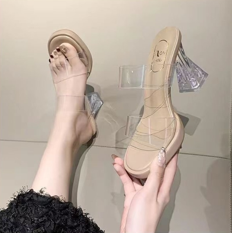 New 2024 Summer Woman Sandals Elegant High Heels Fashion Clear Fine Mules Platform Outside Ladies Shoes 89bd