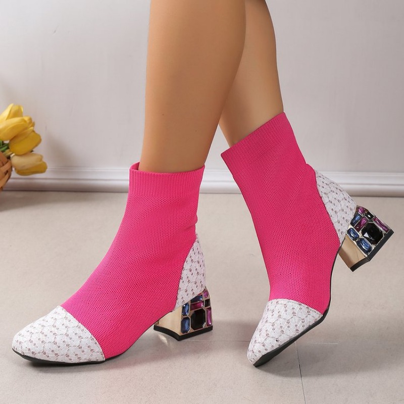 Patchwork Women Sequin Ankle Winter Round toe Colorful Rhie Square Heels Fashion Elastic Short Boots Banquet Shoes 4673