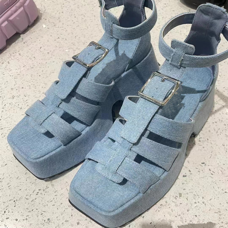 Buckles Wedge Denim Sandals Platform High Heel Rome Summer Sandalias T-strap New Ankle Wrap Cross Weave Heeled Shoes Designer Heels ed s