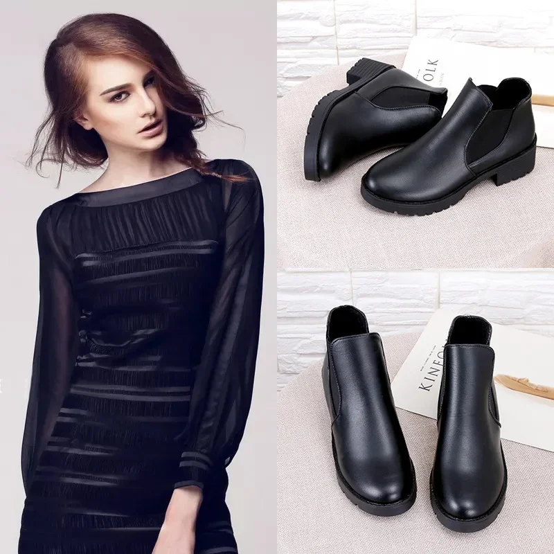 Ankle Fashion Women's Round Toe New Style Soft Leather Black Boots Casual Low Heel Shoes Slip-on atos Mujer 2024 92e9