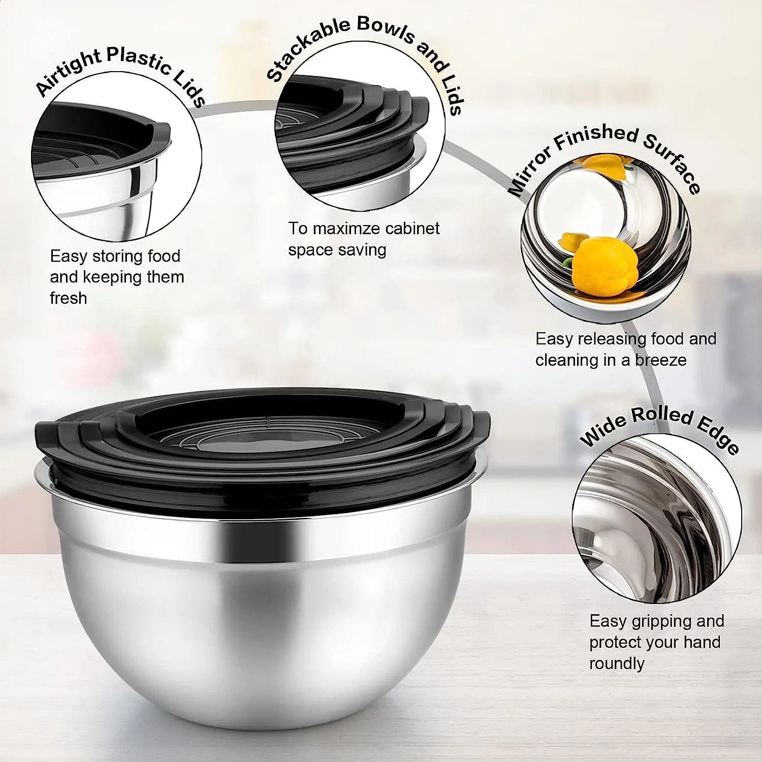 Mixing Bowl Set of 5 Stainless Steel Nesting Bowl with Airtight Lids Metal Salad Bowls for Baking Serving 240902