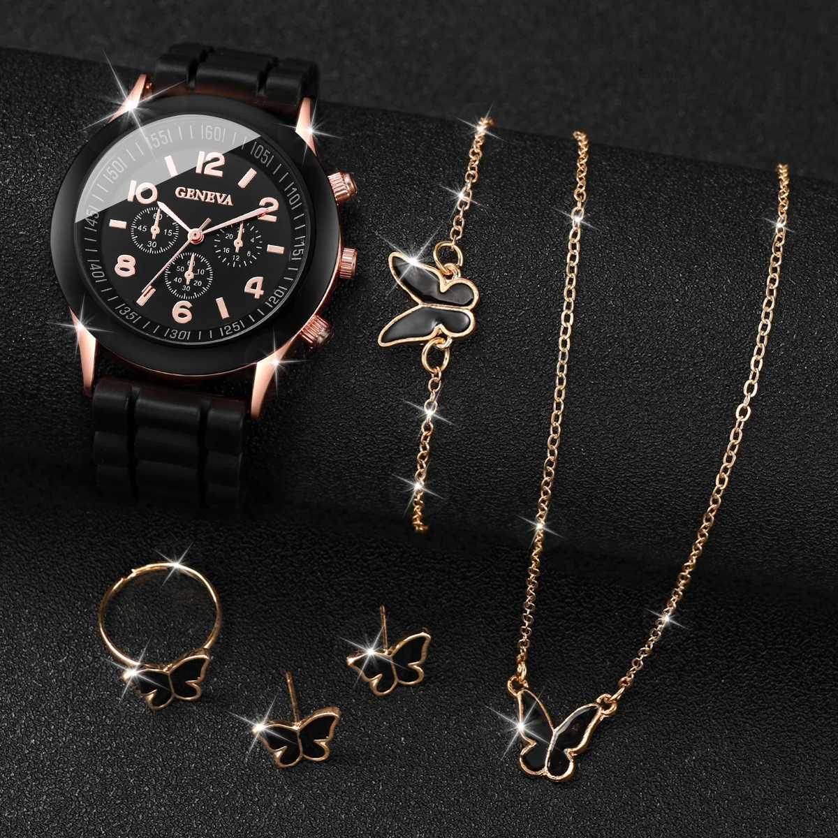 5 pieces/set Geneva womens watch fashion silicone strap quartz watch butterfly jewelry set (no box) W240902