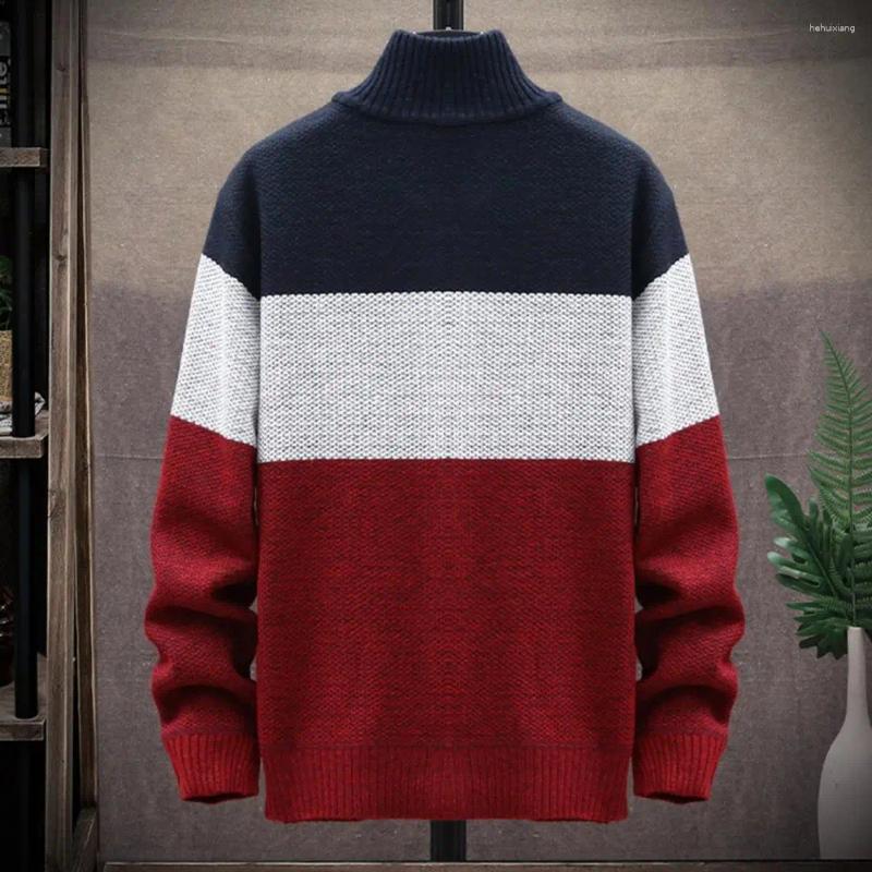 Men's Sweaters, Zip-Up Knitted Coat With Plush Ing, Stand Collar, Color Block Design, Daily Casual Outwear