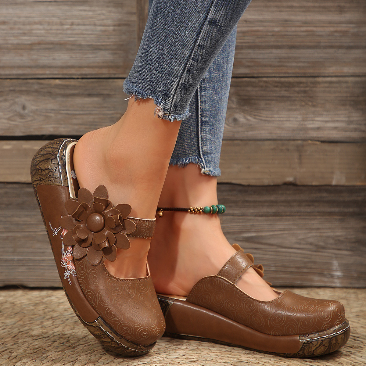 Summer 2024 New Baotou National Wind Pine Cake Bottom wer Platform Wedge Sandals for Slippers Women c0bf