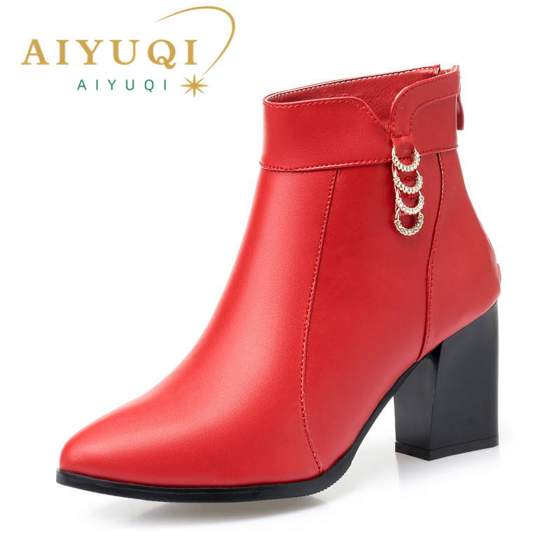 Women AIYUQI Ankle 2024 New GenuineLeather Women's Fashion Boots red Pointed Rhie High-heeled Winter Wedding Boot 1beb 's