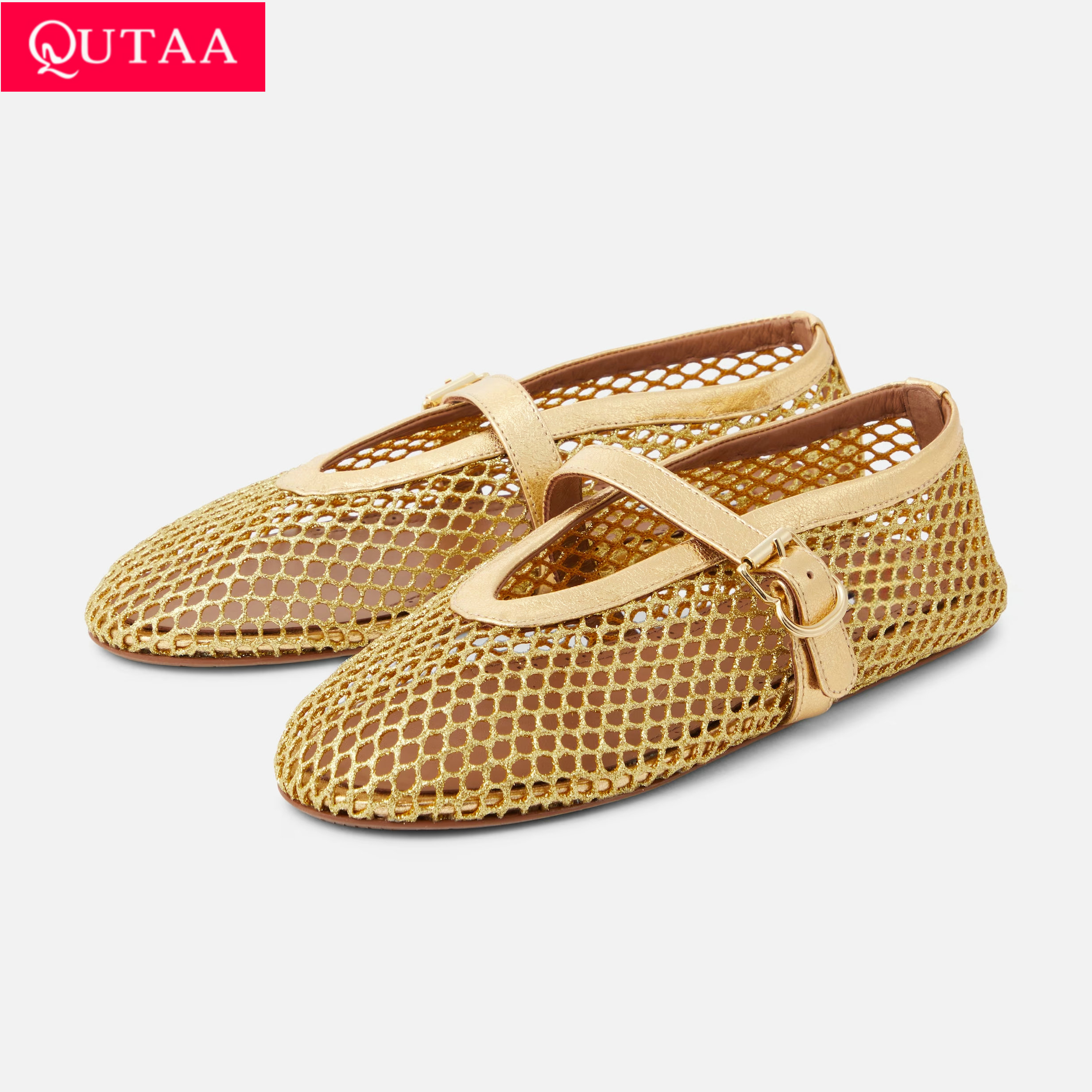 QUTAA 2024 Women Mary Jane Flat Heels Mesh Buckles Cut Outs Ventilate Black Casual Summer Round Toe Shoes Woman Size 34-42