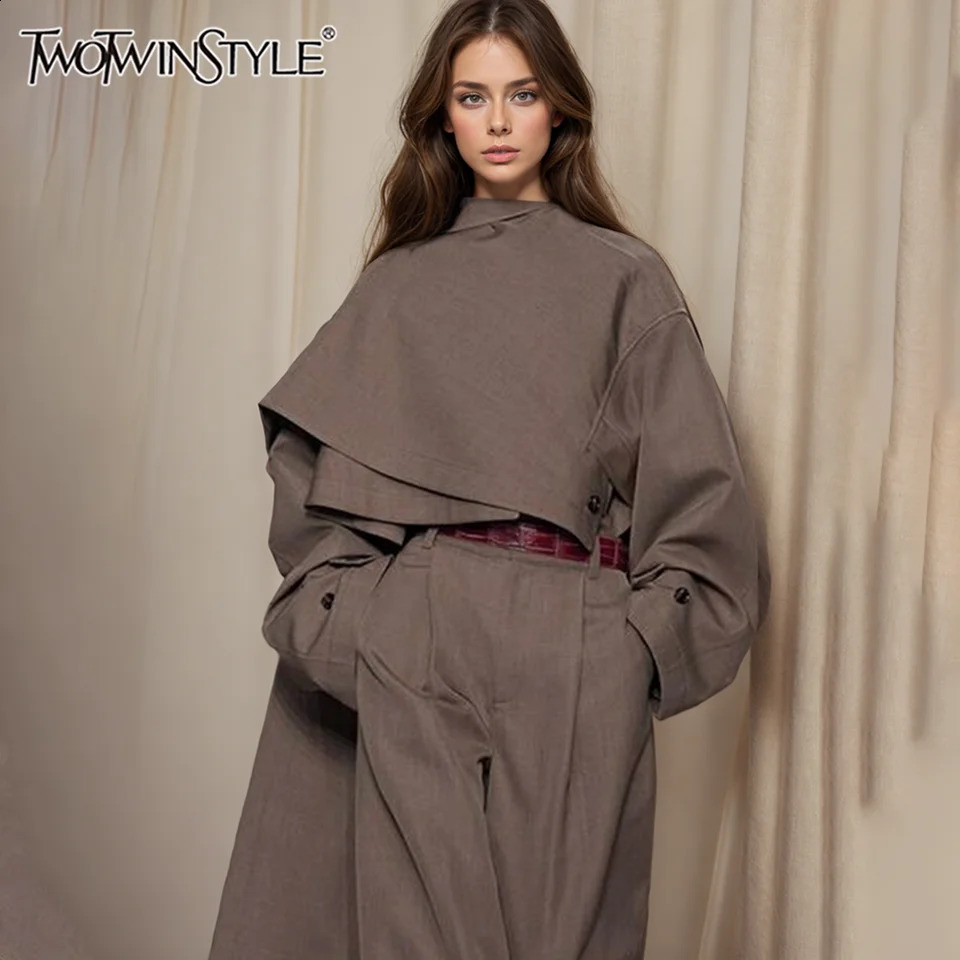 TWOTYLE Fashion Splicing Button Solid Short Coat Womens Turtle Neck Long Sleeve Asymmetric Jacket Womens Fashion Style 240902