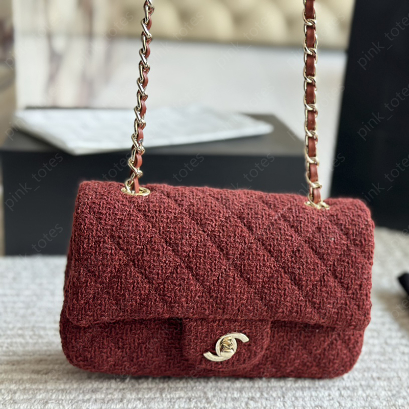 Vintage Woolen Shoulder Bag Designer Sling Bags Luxury Gold Chain Mini Purse For Women Luxury Red Leather Handbag Tote Bags Ladies Christmas Present CWD -26