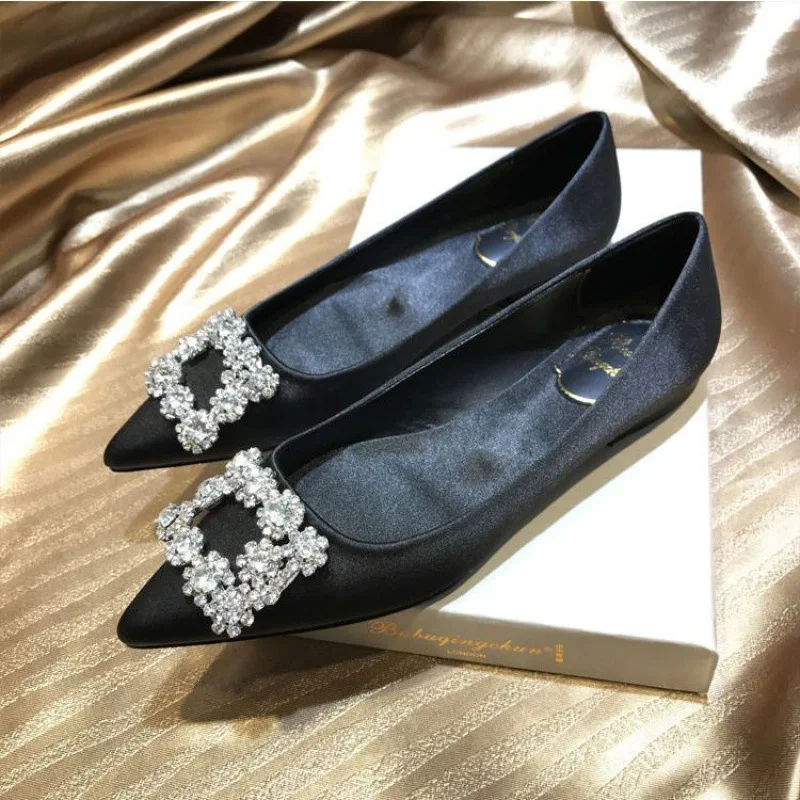 2023 New Snowflake Buckle Square Single Shoes Satin Rhinestone Bridesmaid Shoes Yellow Pointed Flat Shallow Mouth Wedding