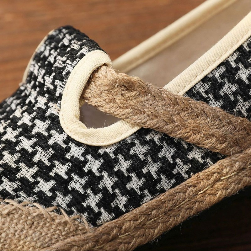 Embroidery Houndstooth Women Handmade en Cotton Slip On Loafers Ladies Casual Comfortable Sneakers Flat Hemp Shoes 2024 1198