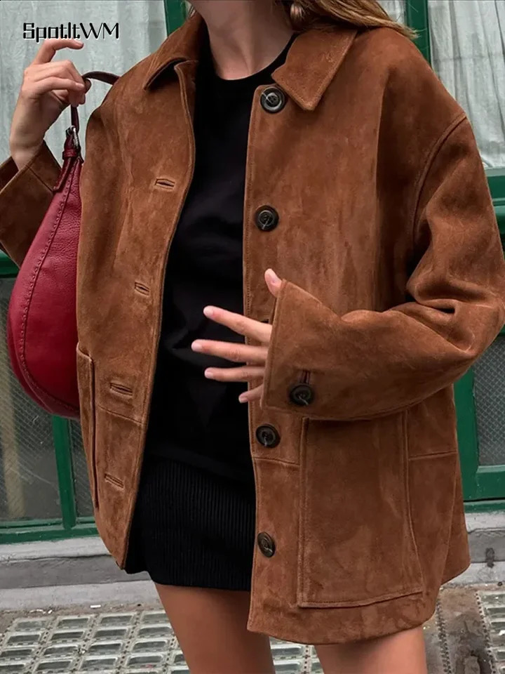 Retro Brown Suede Leather Blazer Lapel Casual Single Breasted Loose Pocket Women Jacket 2024autumn Fashion Commute Street Coats 240903