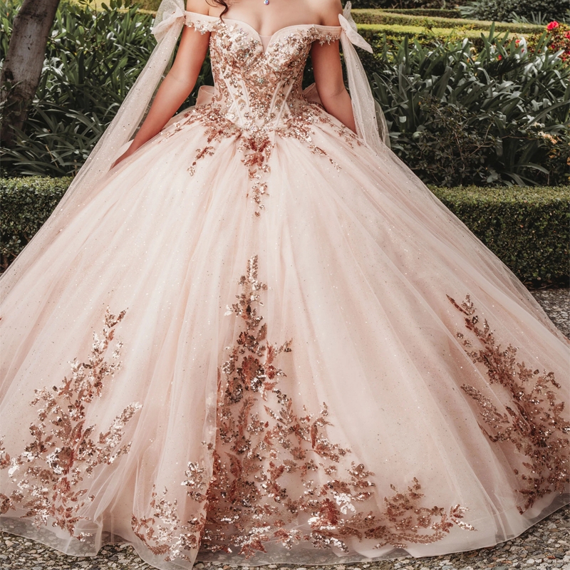 Champagne Shiny Princess Quinceanera Dresses Sequins Lace Appliques Tull Sweet Dress Party Birthday Ball Gown Vestidos 15 De