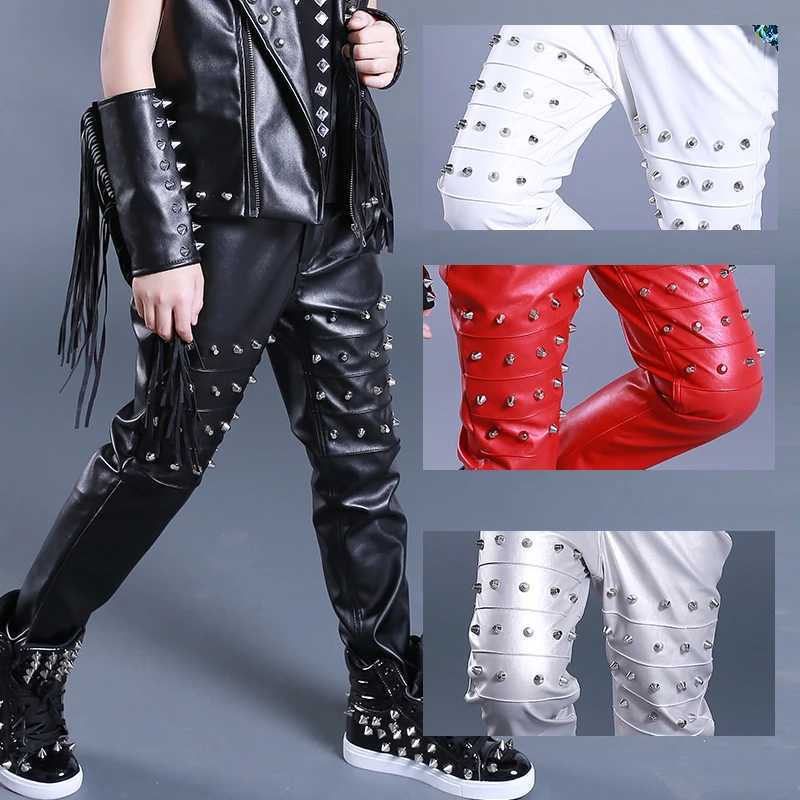 Men's Pants Boy Black Leather Rivet Pants Street Dance Costume Walkway Drum Hip Hop Dance Costume Childrens Singer Trouser Stage Costume DNV15221