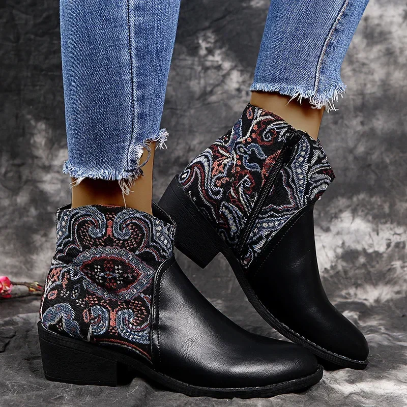 Women Retro Mid Heels Pointed Casual Ankle Boots Ethnic Autumn Flower Patterned Patchwork Short Boots Botas Mujer Booties Shoes