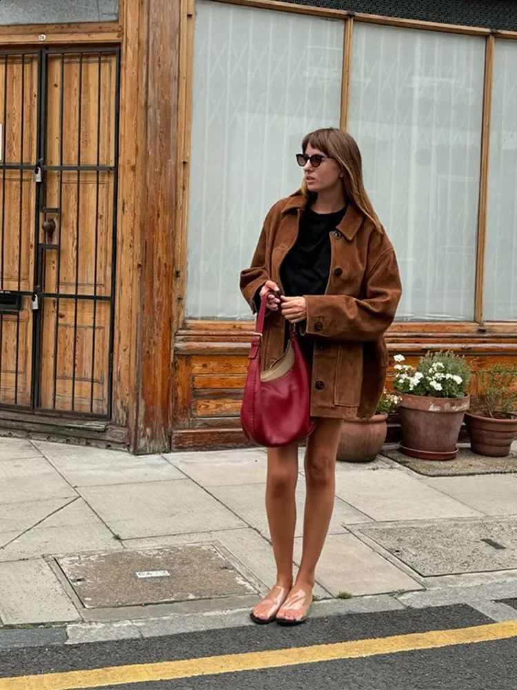 Retro Brown Suede Leather Blazer Lapel Casual Single Breasted Loose Pocket Women Jacket 2024autumn Fashion Commute Street Coats 240903