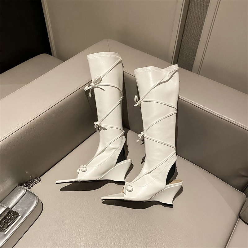 Spring Autumn 2024 Design Butterfly-knot Knee-High Women Sandal Sexy Peep Toe Wedges High heels Leather Long Boots Shoes bc0d