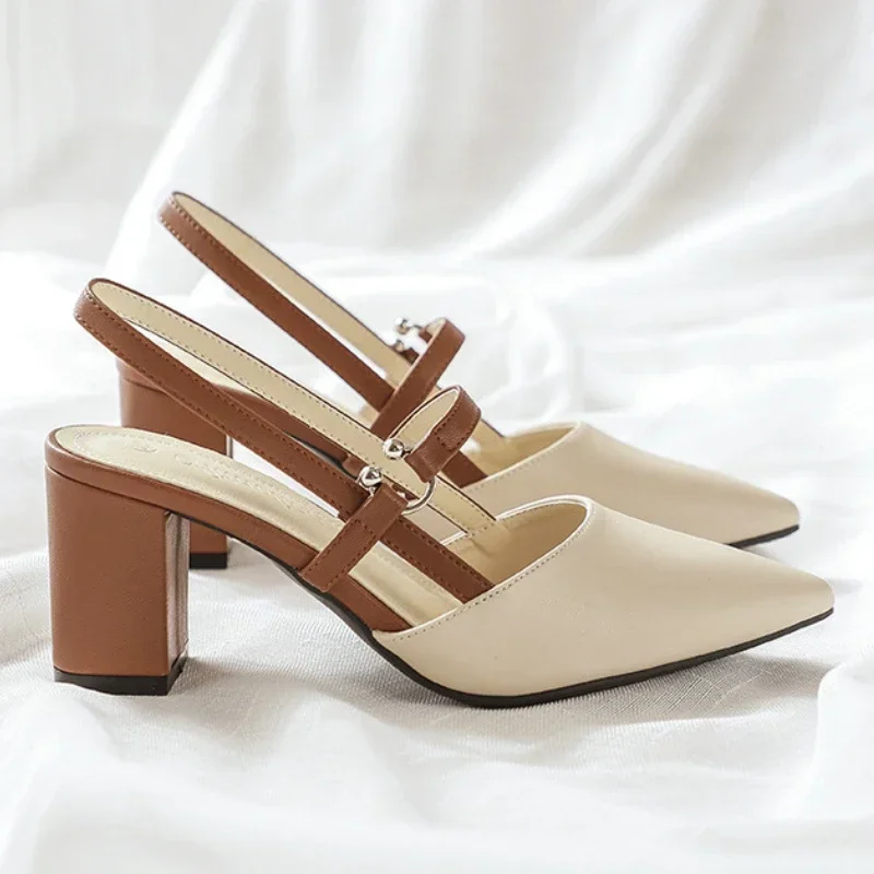 2025 NEW Pumps for Summer Elegant Chunky High Heels Pointed Toe Baotou Solid Ladies Shoes Female Sandals atillas Mujer ff