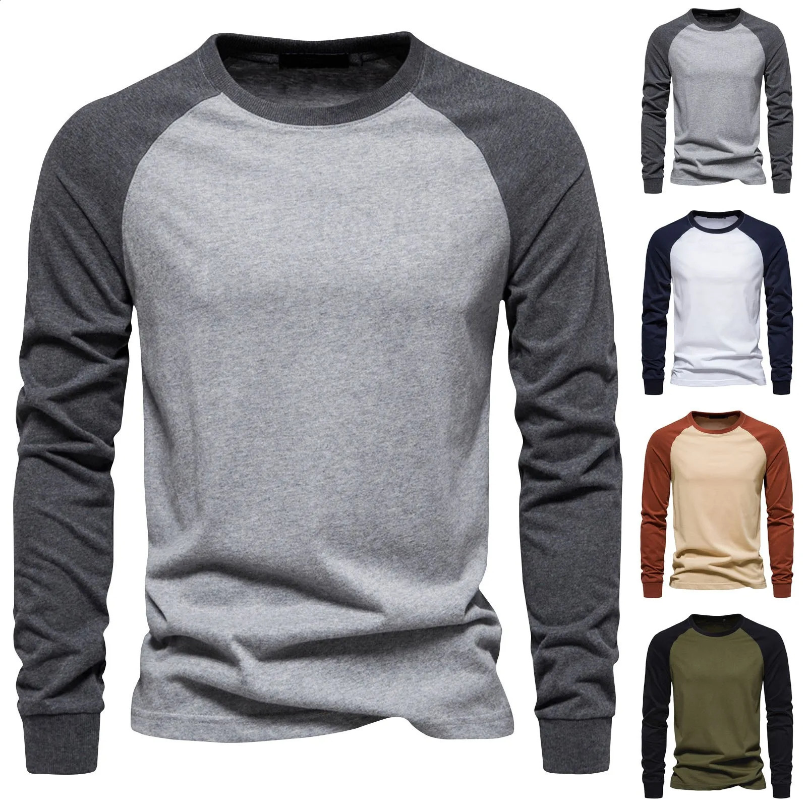 Mens Round Neck T-shirts Raglan Sleeve Color Matching Long Sleeve Shirt Mens Casual Fashion Solid Color Long Sleeve Shirt 240903