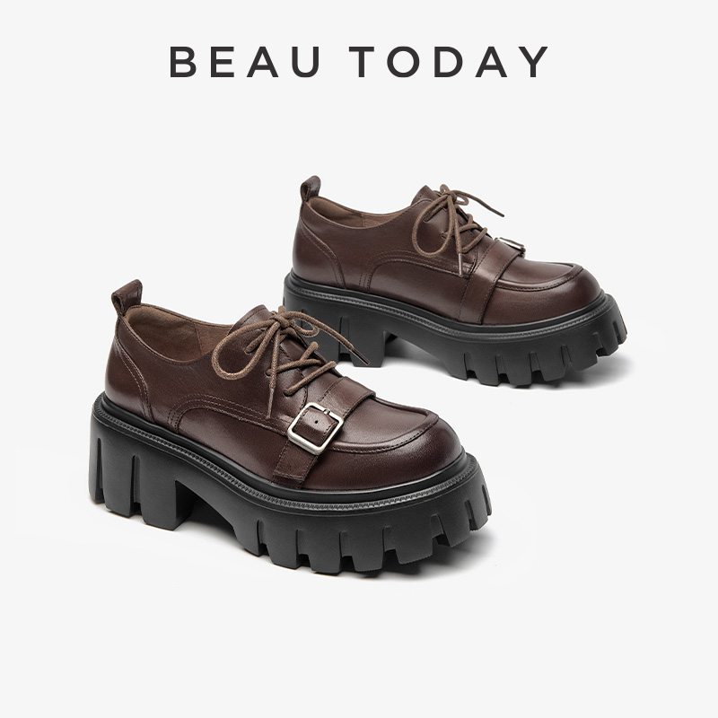 Derby New BEAUTODAY Shoes Women Calfskin Leather Belt Buckle Thick Sole Solid Color Lace-Up Autumn Ladies Oxfords Handmade 21965 8cb9