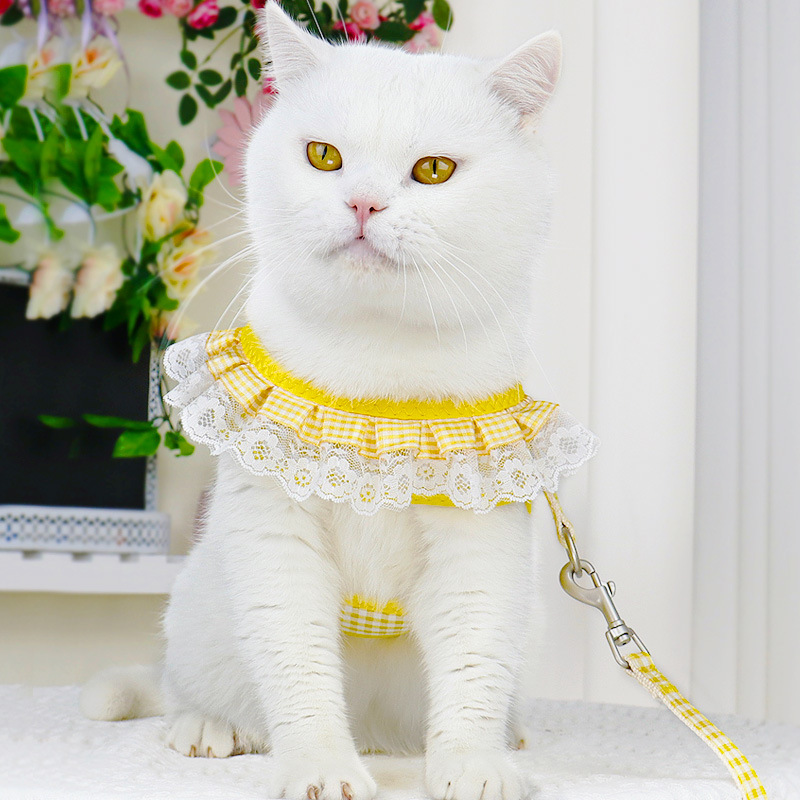 Cat Leash Harness Vest Type Anti-breakaway Walking Cat Rope & Harness with Flower Lace Trim for Outdoor Travel of Cats & Puppies