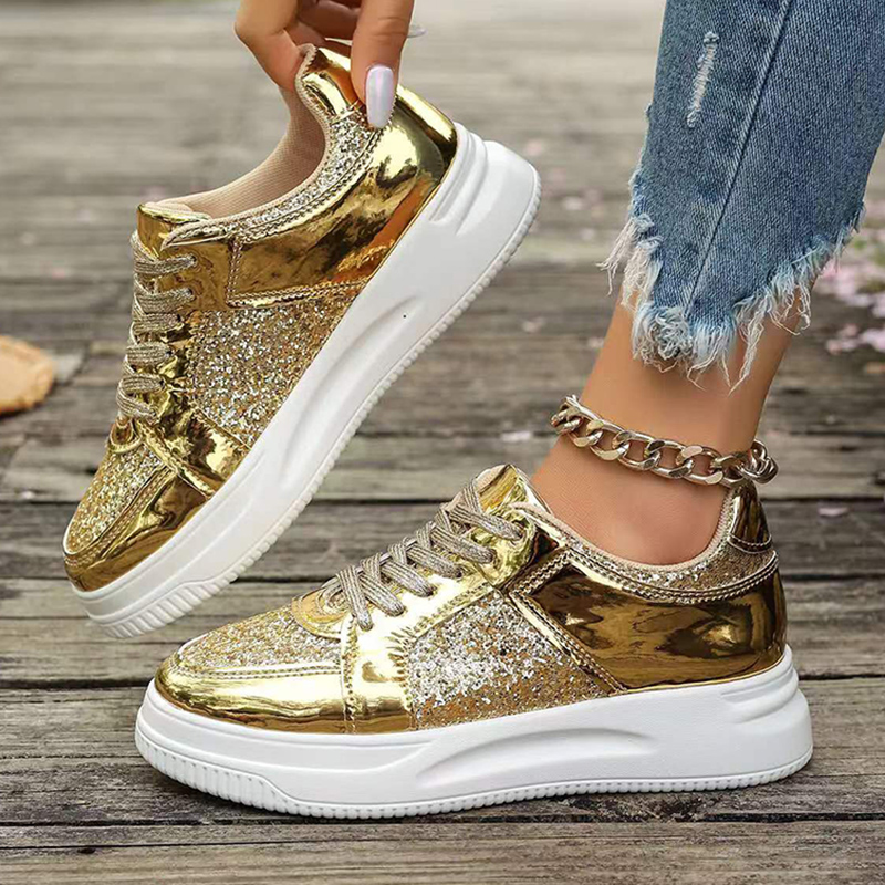 2025 new Women's Stylish Gold Sier Sequins Platform Sneakers Autumn Low Tops Thick Bottom Vulcanized Woman Flat Heels Shoes c70a