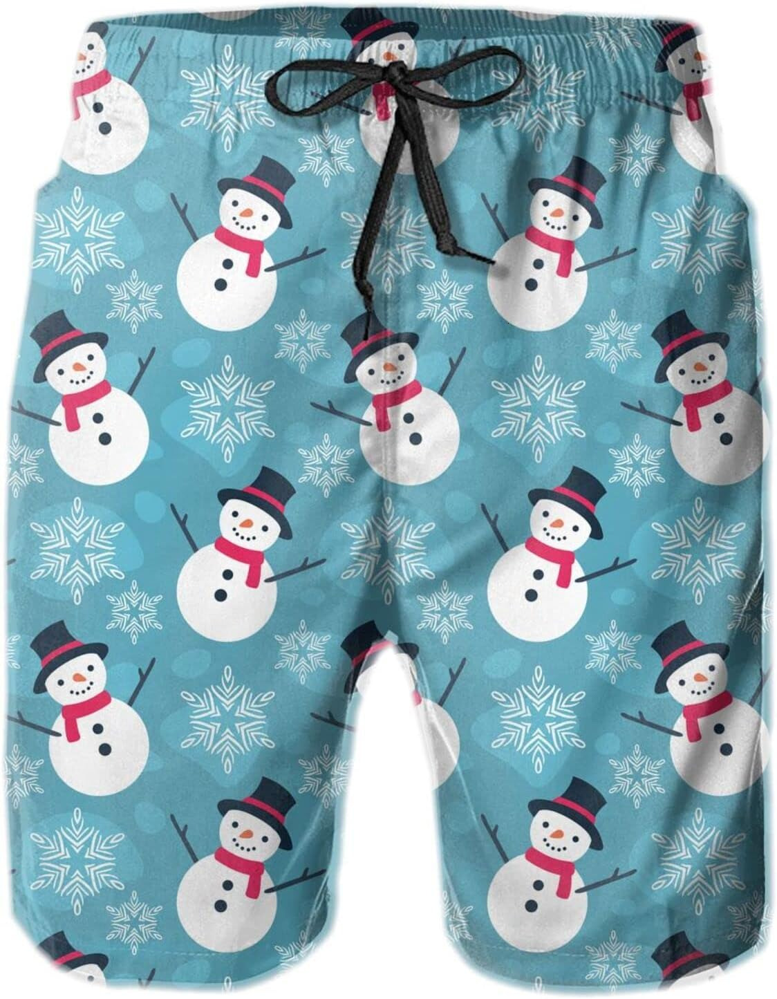 Mens Shorts 3D Printed Pattern Cute Snowman Swim Trunks Quick Dry Casual Beach Board Swimwear