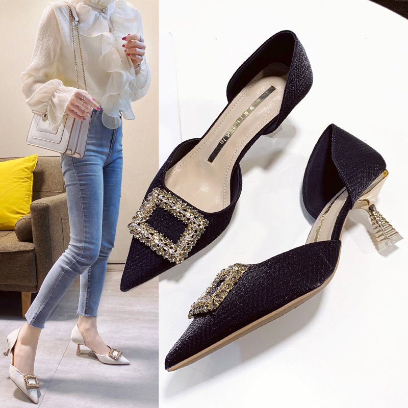 Glitter Rhinestone Square Buckle Decor Party Prom Shoes Temperament Mid Hollow Pointed Toe Ladies Pumps Thin Heels High Heels