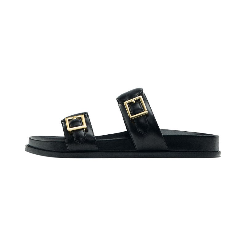 2024 Black Flat Slippers For Woman Summer Women Fashion Buckle Strap Slipper New Casual Chic Indoor Flatform Sandals Shoes