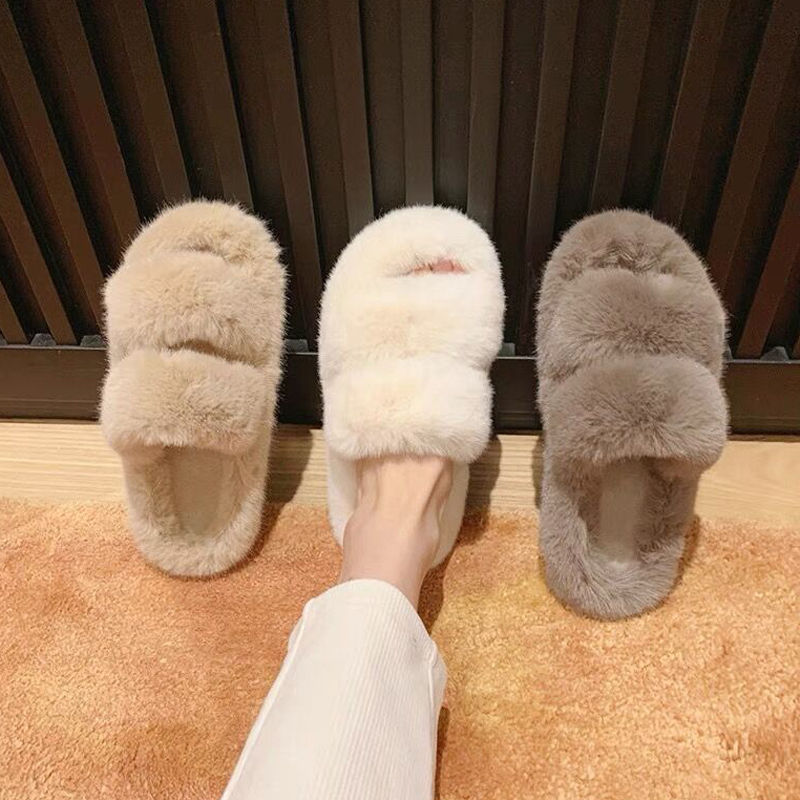 2025 Winter Rabbit Fur Slippers Women Furry Band Pantuflas Shoes Ladies House Slides Fluffy Platform Babouche Femmes e4bf