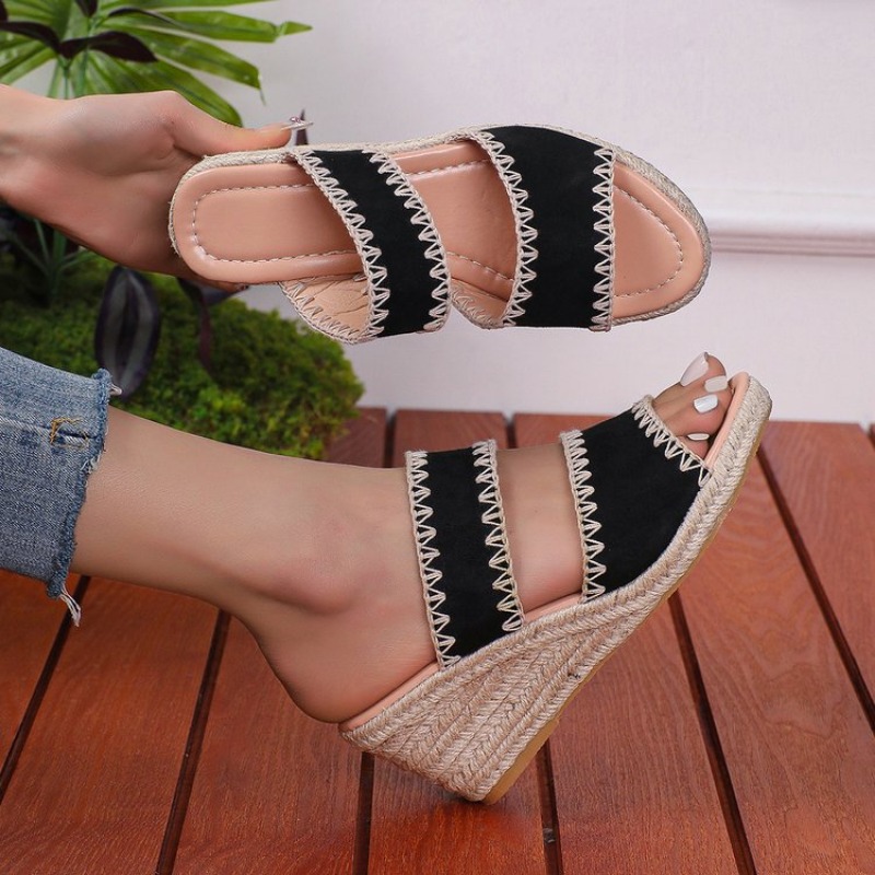 2025 new Large Summer Size Women's Sandals House Slippers Wedge Platform Slides Fashion Peep Toe Women Heels Rome PU Cotton Fabric e4b8