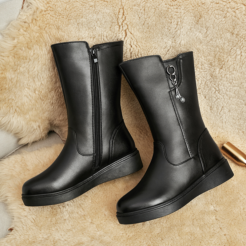 AIYUQI Women's Winter Boots Wool 2024 New Large Size Women's Snow Boots Wool Flat Women's Mid-Boots