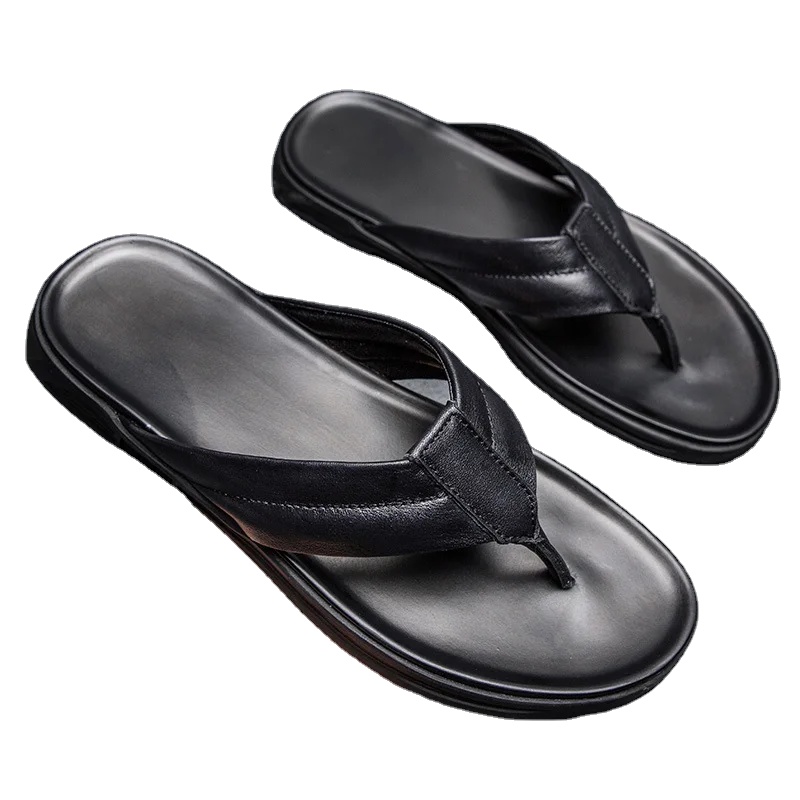 Trend Men Flip-flops Leather Slippers Casual Beach Summer Shoes Male Flat Non-Slip Comfortable Classic Black Slides Plus Size